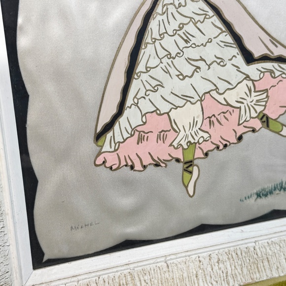 Vintage Mid Century paint on silk artwork, pink ballerina, wood framed - Picture 2 of 4